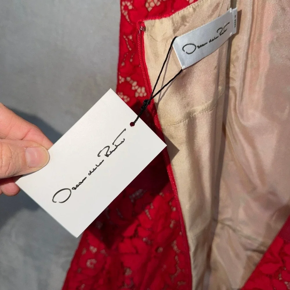 New Oscar De La Renta Dress 8 Red Fluted Lace Midi Silk Lined Italian‎ NWT!